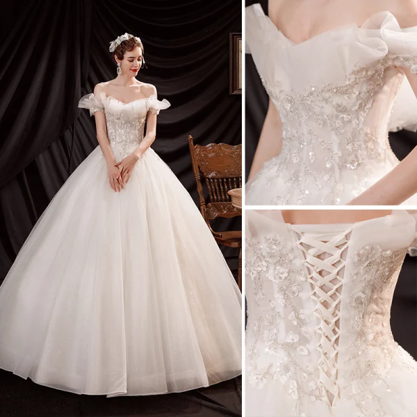 Affordable Ivory Wedding Dresses 2021 Ball Gown Off-The-Shoulder Beading Sequins Sleeveless Backless Floor-Length / Long Wedding