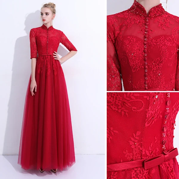 Chinese style Burgundy Evening Dresses 2019 A-Line / Princess High Neck Lace Flower Crystal Sequins Bow 1/2 Sleeves Backless Floor-Length / Long Formal Dresses