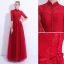 Chinese style Burgundy Evening Dresses  2019 A-Line / Princess High Neck Lace Flower Crystal Sequins Bow 1/2 Sleeves Backless Floor-Length / Long Formal Dresses