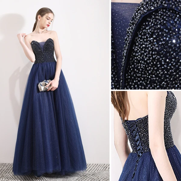 Charming Navy Blue Glitter Prom Dresses 2019 A-Line / Princess Strapless Crystal Sleeveless Backless Floor-Length / Long Formal Dresses