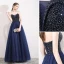 Charming Navy Blue Glitter Prom Dresses 2019 A-Line / Princess Strapless Crystal Sleeveless Backless Floor-Length / Long Formal Dresses