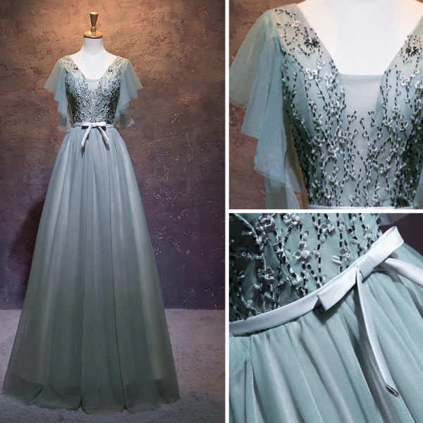 Elegant Sage Green Evening Dresses 2019 A-Line / Princess V-Neck Beading Sequins Lace Flower Bow Short Sleeve Backless Floor-Length / Long Formal Dresses