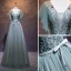 Elegant Sage Green Evening Dresses  2019 A-Line / Princess V-Neck Beading Sequins Lace Flower Bow Short Sleeve Backless Floor-Length / Long Formal Dresses