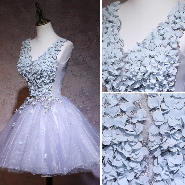 Elegant Grey Party Dresses 2019 A-Line / Princess V-Neck Appliques Lace Flower Sleeveless Backless Short Formal Dresses