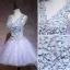 Elegant Grey Party Dresses 2019 A-Line / Princess V-Neck Appliques Lace Flower Sleeveless Backless Short Formal Dresses