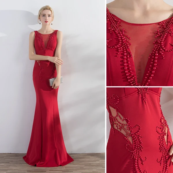 Chic / Beautiful Burgundy Evening Dresses 2019 Trumpet / Mermaid Scoop Neck Beading Pearl Sleeveless Backless Floor-Length / Long Formal Dresses