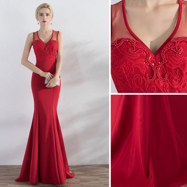 Chic / Belle Bordeaux Robe De Soirée 2019 Trompette / Sirène V-Cou En Dentelle Perlage Perle Sans Manches Longue Robe De Ceremonie