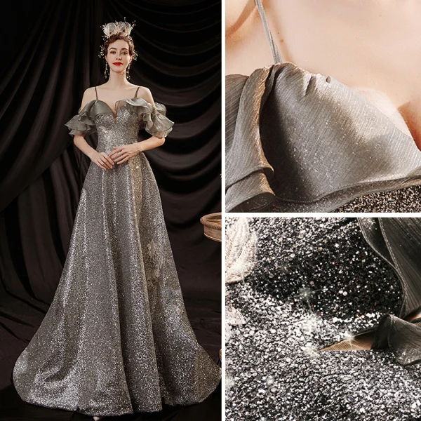 Elegant Champagne Puffy Wedding Dresses 2018 Ball Gown Lace Flower Cascading Ruffles Scoop Neck Long Sleeve Royal Train Wedding