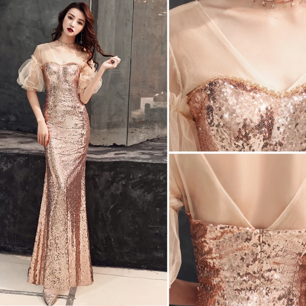 Sparkly Gold Evening Dresses  2019 Trumpet / Mermaid V-Neck Sequins Puffy Short Sleeve Backless Floor-Length / Long Formal Dresses