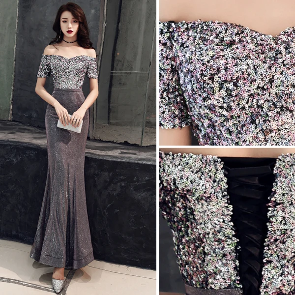 Glitzernden Grau Abendkleider 2019 Meerjungfrau Off Shoulder Glanz Polyester Pailletten Kurze Ärmel Rückenfreies Lange Festliche Kleider