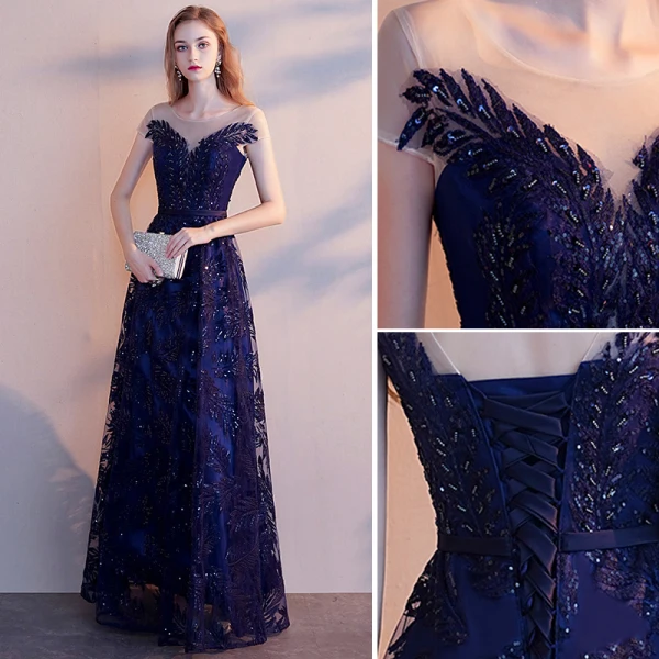 Chic / Beautiful Navy Blue Evening Dresses  2019 A-Line / Princess Scoop Neck Beading Sequins Lace Flower Sash Short Sleeve Backless Floor-Length / Long Formal Dresses
