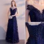 Chic / Beautiful Navy Blue Evening Dresses  2019 A-Line / Princess Scoop Neck Beading Sequins Lace Flower Sash Short Sleeve Backless Floor-Length / Long Formal Dresses