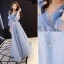 Chic / Beautiful Sky Blue Evening Dresses  2019 A-Line / Princess V-Neck Lace Flower 1/2 Sleeves Backless Floor-Length / Long Formal Dresses