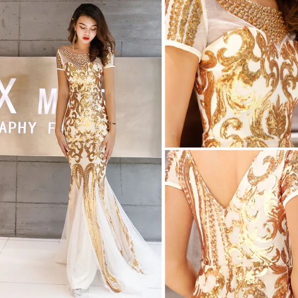 Charmant Doré Robe De Soirée 2019 Trompette / Sirène Encolure Dégagée Perlage Cristal Paillettes Manches Courtes Dos Nu Longue Robe De Ceremonie