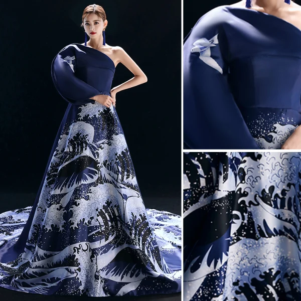 Vintage / Retro Chinese style Navy Blue Evening Dresses  2019 A-Line / Princess One-Shoulder Printing Long Sleeve Chapel Train Formal Dresses