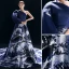 Vintage / Retro Chinese style Navy Blue Evening Dresses  2019 A-Line / Princess One-Shoulder Printing Long Sleeve Chapel Train Formal Dresses