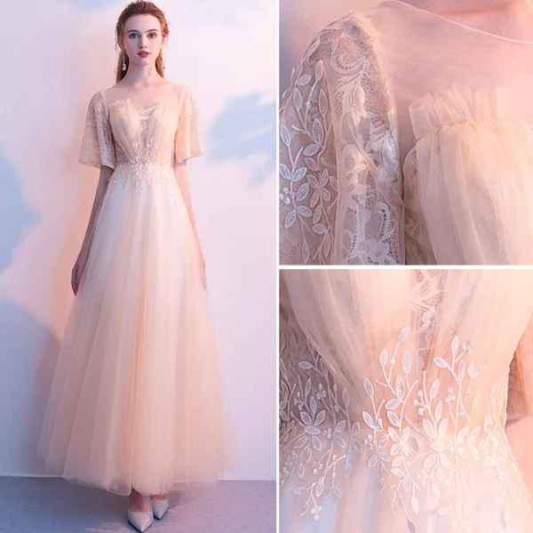 Élégant Champagne Robe De Soirée 2019 Princesse Encolure Dégagée En Dentelle Fleur Manches Courtes Dos Nu Longue Robe De Ceremonie