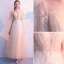 Élégant Champagne Robe De Soirée 2019 Princesse Encolure Dégagée En Dentelle Fleur Manches Courtes Dos Nu Longue Robe De Ceremonie