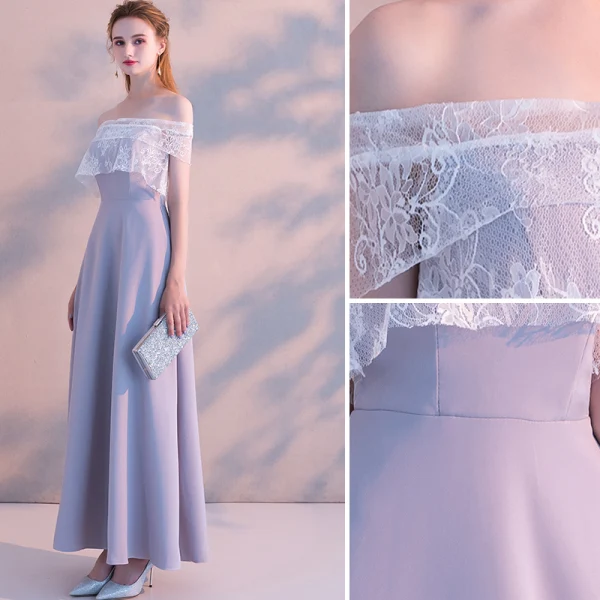 Elegante Lavendel Abendkleider 2019 A Linie Off Shoulder Spitze Kurze Ärmel Rückenfreies Lange Festliche Kleider