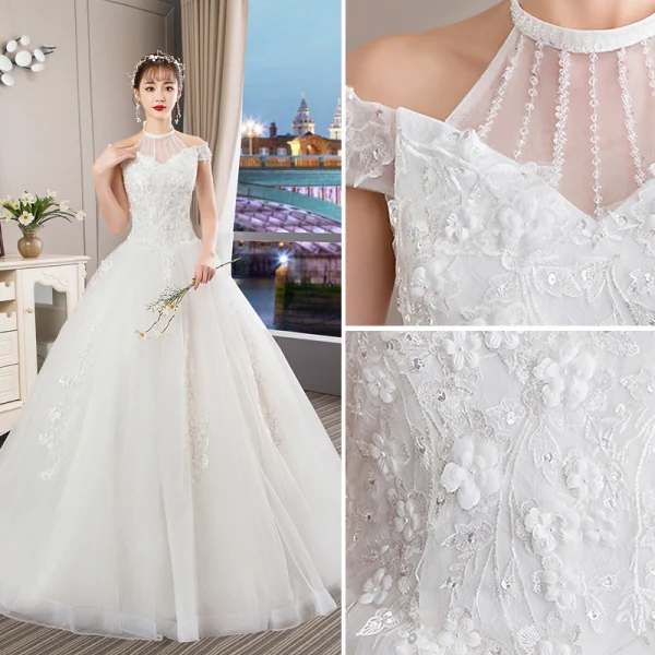 Schöne Ivory / Creme Brautkleider / Hochzeitskleider 2019 A Linie Neckholder Perlenstickerei Perle Pailletten Applikationen Spitze Blumen Kurze Ärmel Rückenfreies Kathedrale Schleppe