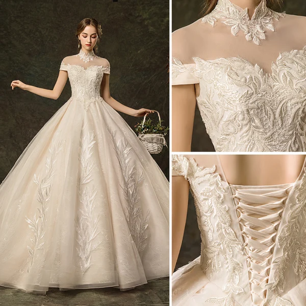 Élégant Champagne Robe De Mariée 2019 Princesse Col Haut Perlage En Dentelle Fleur Mancherons Dos Nu Cathedral Train