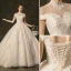 Élégant Champagne Robe De Mariée 2019 Princesse Col Haut Perlage En Dentelle Fleur Mancherons Dos Nu Cathedral Train