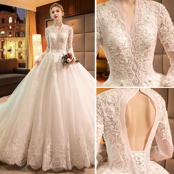 Luxe Ivoire Robe De Mariée 2019 Princesse V-Cou Perlage Paillettes En Dentelle Fleur Manches Longues Dos Nu Cathedral Train