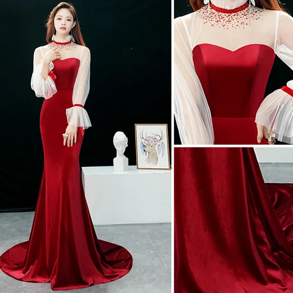 Chic / Beautiful Burgundy Evening Dresses 2019 Trumpet / Mermaid High Neck Rhinestone Bell sleeves Sweep Train Formal Dresses