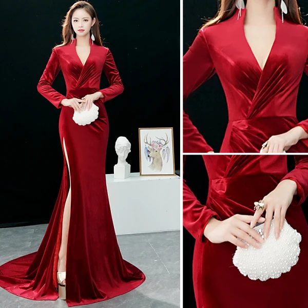 Chic / Beautiful Burgundy Evening Dresses 2019 Trumpet / Mermaid V-Neck Suede Long Sleeve Split Front Court Train Formal Dresses