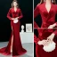 Chic / Beautiful Burgundy Evening Dresses  2019 Trumpet / Mermaid V-Neck Suede Long Sleeve Split Front Court Train Formal Dresses