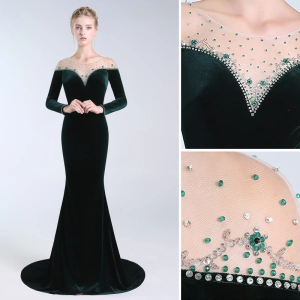 Élégant Vert Foncé Robe De Soirée 2019 Trompette / Sirène Encolure Dégagée Perlage Cristal Paillettes Manches Longues Daim Train De Balayage Robe De Ceremonie