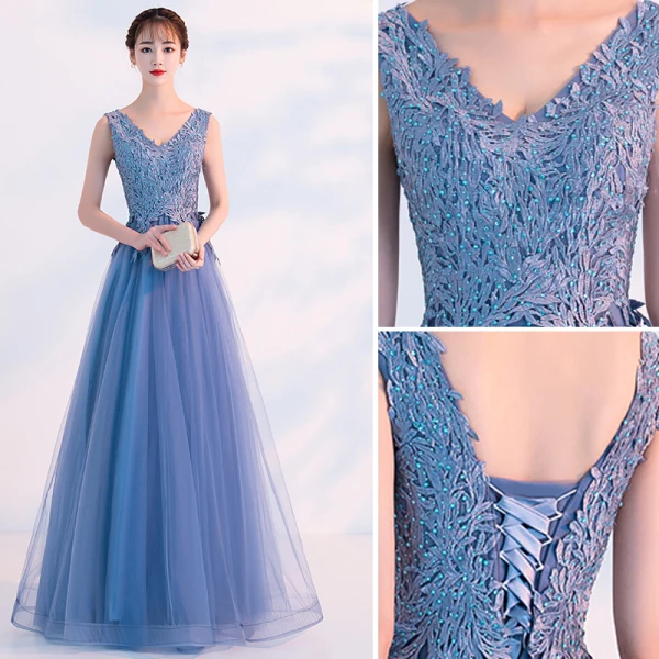 Affordable Pool Blue Evening Dresses 2019 A-Line / Princess V-Neck Lace Flower Sleeveless Backless Floor-Length / Long Formal Dresses