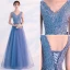 Affordable Pool Blue Evening Dresses  2019 A-Line / Princess V-Neck Lace Flower Sleeveless Backless Floor-Length / Long Formal Dresses