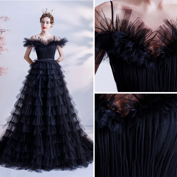Chic / Beautiful Black Ruffle Prom Dresses 2021 A-Line / Princess Spaghetti Straps Short Sleeve Backless Sweep Train Formal Dresses