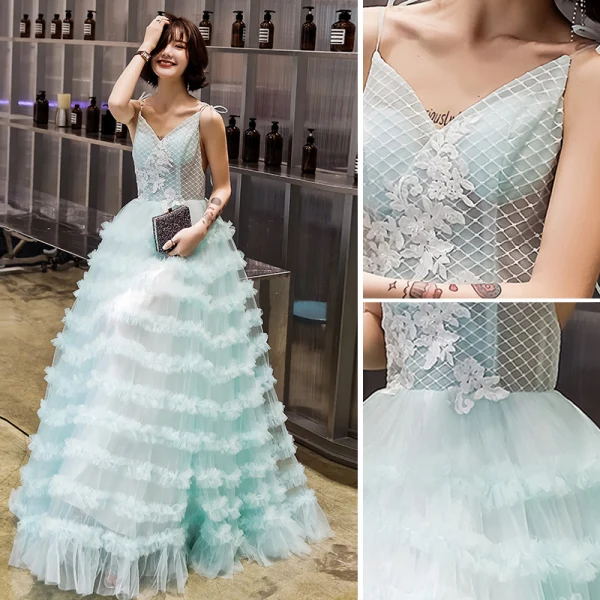 Modern / Fashion Jade Green Evening Dresses  2019 A-Line / Princess Bow Spaghetti Straps Ruffle Flower Sleeveless Backless Floor-Length / Long Formal Dresses