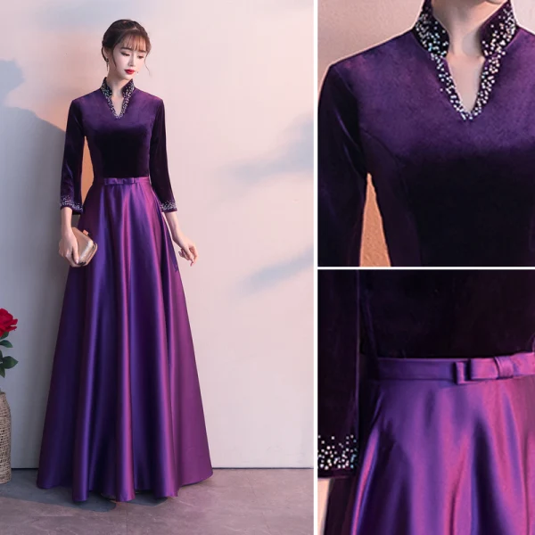 Vintage / Retro Grape Evening Dresses 2019 A-Line / Princess V-Neck Bow 3/4 Sleeve Floor-Length / Long Formal Dresses