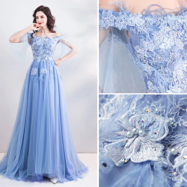 Chic / Beautiful Sky Blue Evening Dresses 2019 A-Line / Princess Off-The-Shoulder Lace Flower Pearl Rhinestone Short Sleeve Backless Floor-Length / Long Formal Dresses