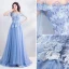 Chic / Beautiful Sky Blue Evening Dresses  2019 A-Line / Princess Off-The-Shoulder Lace Flower Pearl Rhinestone Short Sleeve Backless Floor-Length / Long Formal Dresses