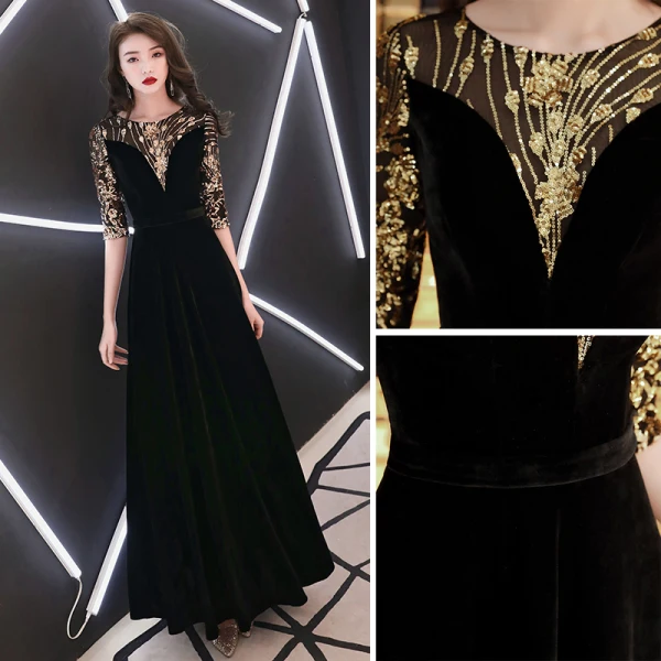 Elegant Black Evening Dresses 2019 A-Line / Princess Scoop Neck Sequins Suede 1/2 Sleeves Floor-Length / Long Formal Dresses