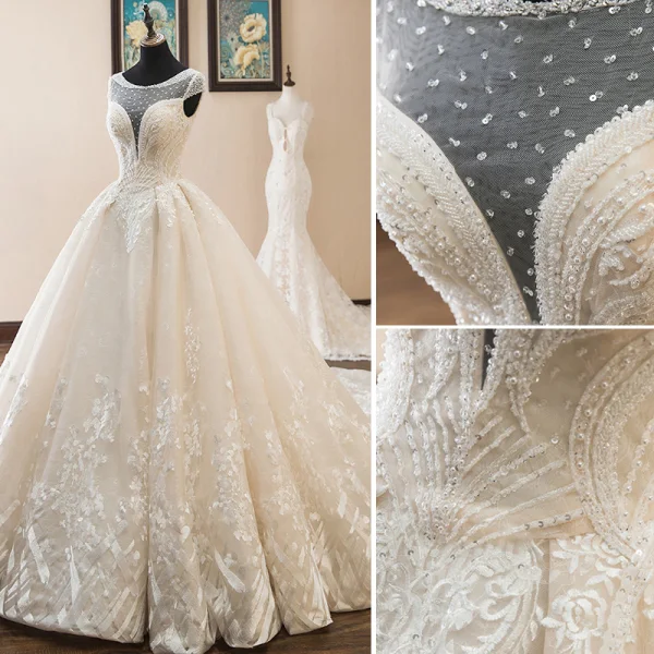 Luxury / Gorgeous Champagne Wedding Dresses 2019 A-Line / Princess Scoop Neck Beading Pearl Sequins Lace Flower Cap Sleeves Backless Cathedral Train