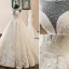 Luxury / Gorgeous Champagne Wedding Dresses 2019 A-Line / Princess Scoop Neck Beading Pearl Sequins Lace Flower Cap Sleeves Backless Cathedral Train
