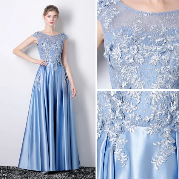 Chic / Belle Bleu Robe De Soirée 2019 Princesse Encolure Dégagée Appliques En Dentelle Fleur Faux Diamant Sans Manches Dos Nu Longue Robe De Ceremonie