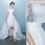 Elegant White Asymmetrical Wedding Dresses 2019 A-Line / Princess Off-The-Shoulder Sash Lace Flower Short Sleeve Backless