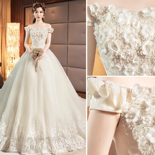 Chic / Belle Champagne Robe De Mariée 2019 Princesse De l'épaule Perle Paillettes Appliques En Dentelle Fleur Manches Courtes Dos Nu Chapel Train