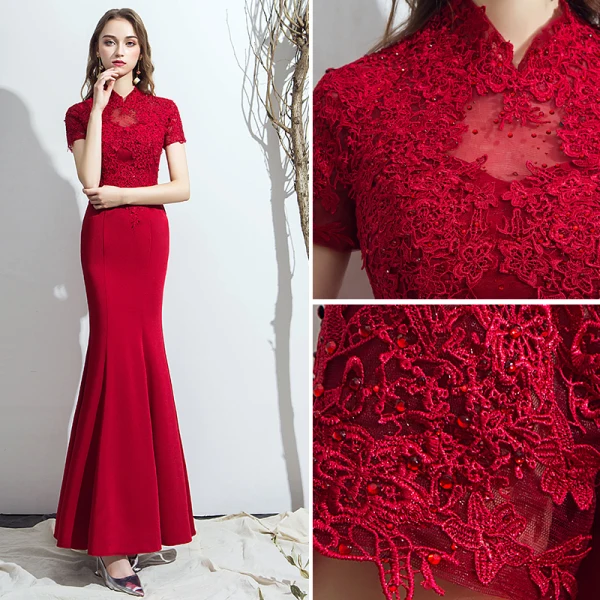 Chic / Beautiful Burgundy Evening Dresses  2019 Trumpet / Mermaid High Neck Backless Crystal Rhinestone Lace Flower Short Sleeve Floor-Length / Long Formal Dresses