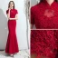 Chic / Beautiful Burgundy Evening Dresses  2019 Trumpet / Mermaid High Neck Backless Crystal Rhinestone Lace Flower Short Sleeve Floor-Length / Long Formal Dresses