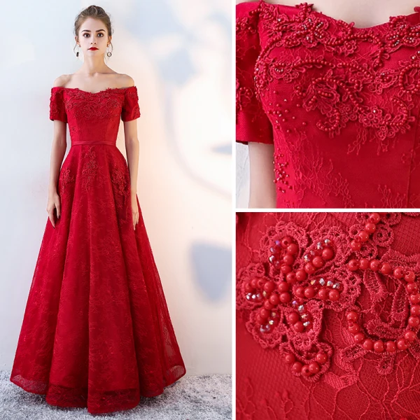 Chic / Beautiful Burgundy Evening Dresses 2019 A-Line / Princess Off-The-Shoulder Beading Crystal Lace Flower Short Sleeve Backless Floor-Length / Long Formal Dresses