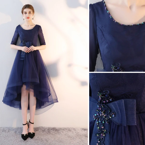 Chic / Beautiful Navy Blue Cocktail Dresses A-Line / Princess Scoop Neck Beading Sequins Bow 1/2 Sleeves Backless Asymmetrical Formal Dresses