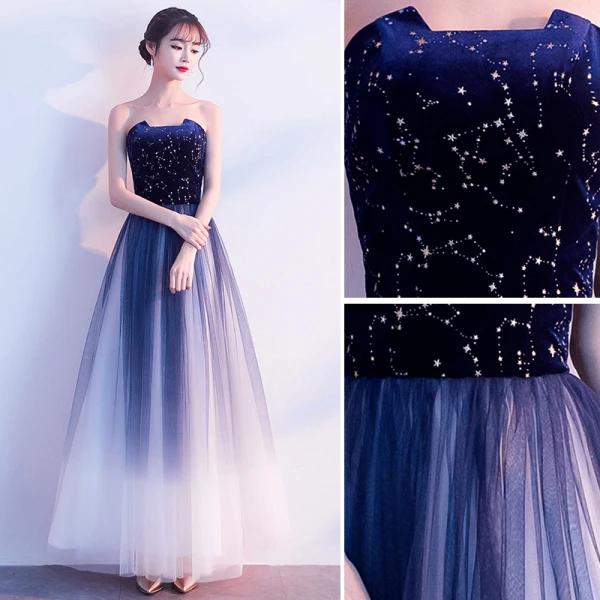 Charming Navy Blue Prom Dresses A-Line / Princess 2019 Strapless Suede Star Sleeveless Backless Floor-Length / Long Formal Dresses