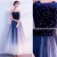 Charming Navy Blue Prom Dresses A-Line / Princess 2019 Strapless Suede Star Sleeveless Backless Floor-Length / Long Formal Dresses